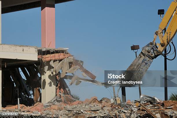 Building Demolition In Progress Stock Photo - Download Image Now - 2015, Backhoe, Building - Activity