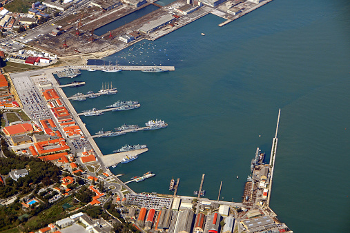 Lisbon Naval Base (Alfeite) seen from the air - fleet of the Portuguese Navy - located on the south bank of the Tagus river estuary, near Almada at Alfeite