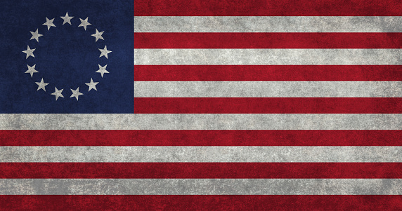 American 13 point historic flag often named the Betsy Ross flag, this version features vintage retro textures.