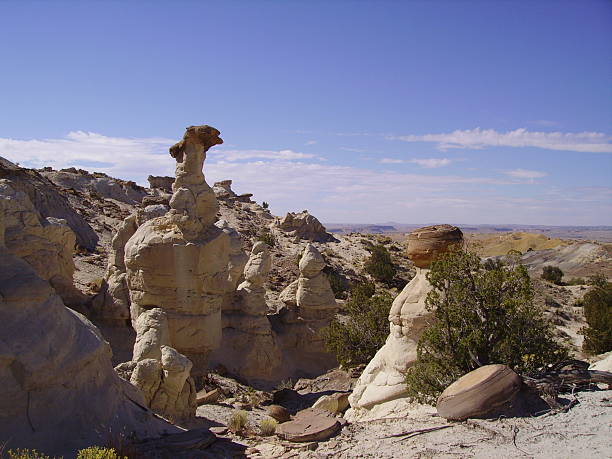 New Mexico Hoodoos Eroded sandstone and volcanic ash rock formations in the desert west of Albuquerque, New Mexico in the Rio Puerco Valley. albuquerque volcanoes stock pictures, royalty-free photos & images