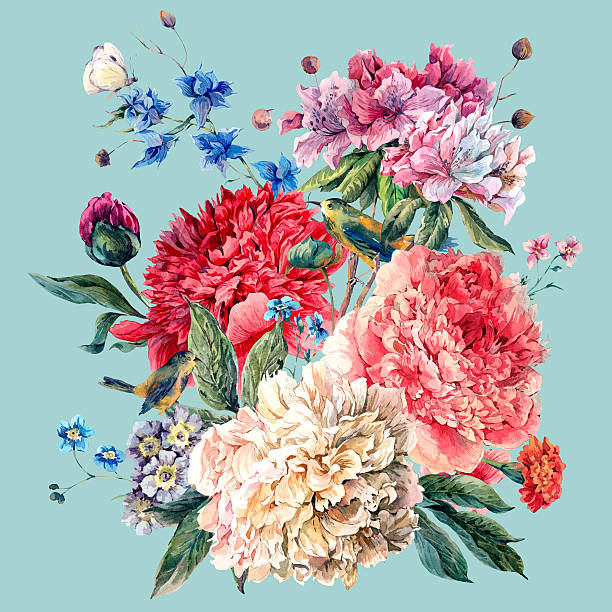 istock Vintage Floral Greeting Card with Blooming Peonies 537320478