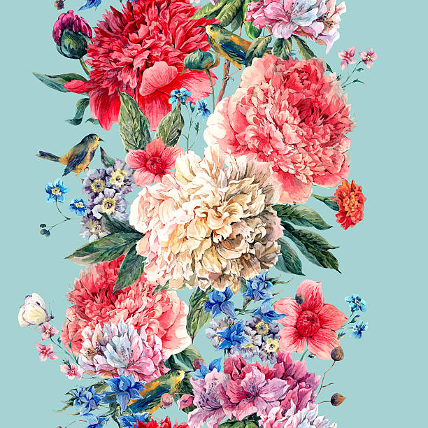 ilustrações de stock, clip art, desenhos animados e ícones de sem costura vintage floral fronteira peônias de aguarela - pattern bird seamless backgrounds
