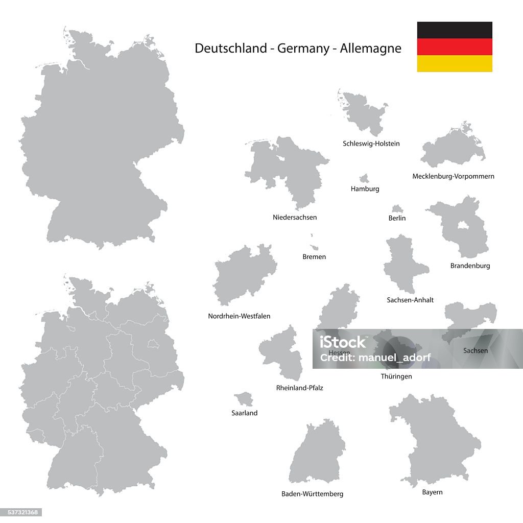 Alemanha país mapa coleção com seperated Estado federal silhuetas - Vetor de Mapa royalty-free