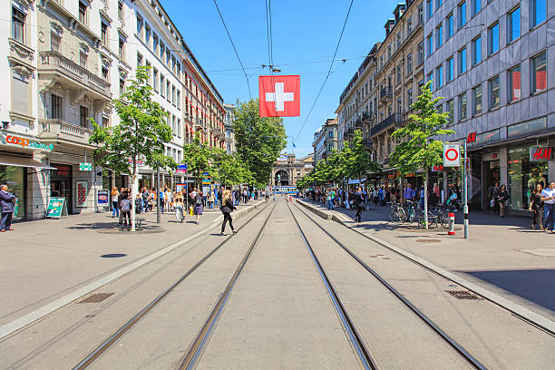 View along Bahnhofstrasse street in Zurich, Switzerland stock photo