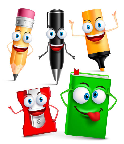 Vector character of school items funny mascot 3D set Vector character of school items funny mascot 3D set with gestures and facial expressions isolated in white background. Vector illustration pencil cartoon stock illustrations