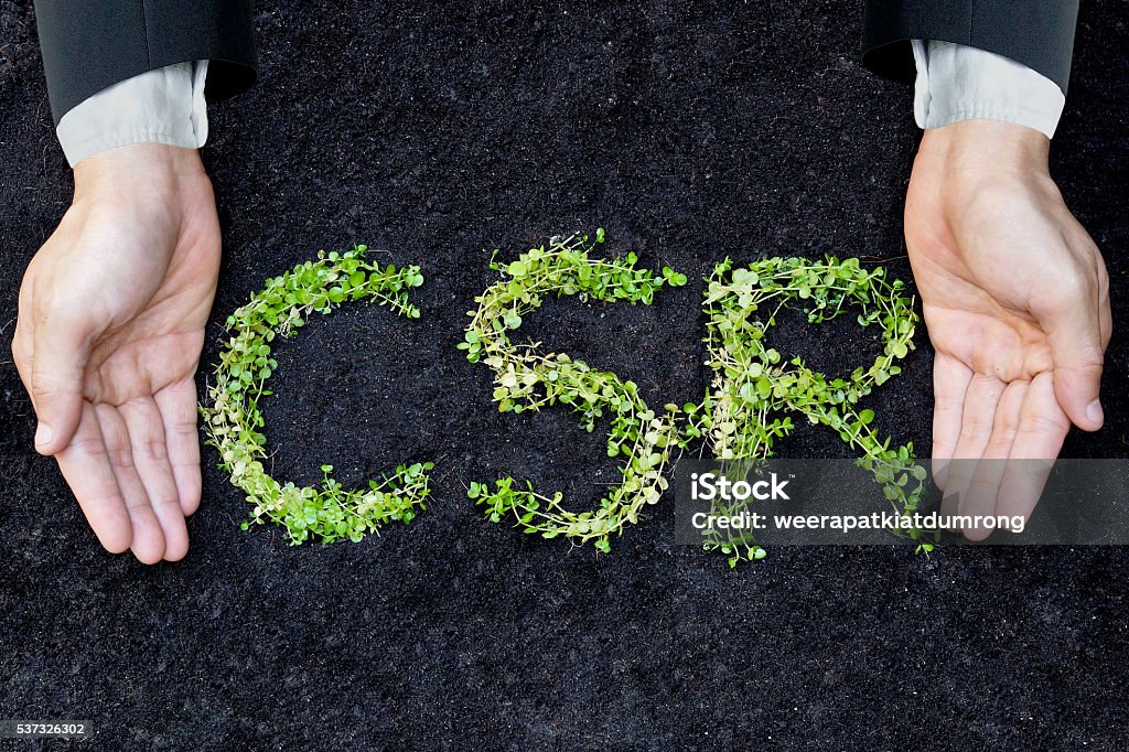 Business ethics Hands of a businessman holding green plants arranged as a word "CSR" / Business ethics / Moral behavior in business / Corporate social responsibility Responsible Business Stock Photo