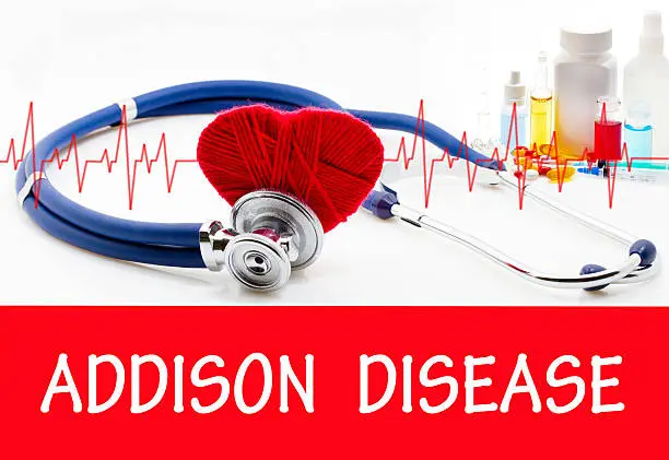 The diagnosis of addison disease. Phonendoscope and vaccine with drugs. Medical concept.