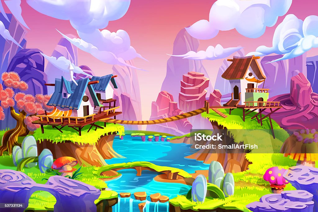 Realistic Fantastic Cartoon Style Artwork Scene: Cabin in the Mountain Creative Illustration and Innovative Art: Cabin in the Mountain! Realistic Fantastic Cartoon Style Artwork Scene, Wallpaper, Story Background, Card Design Art Product stock illustration