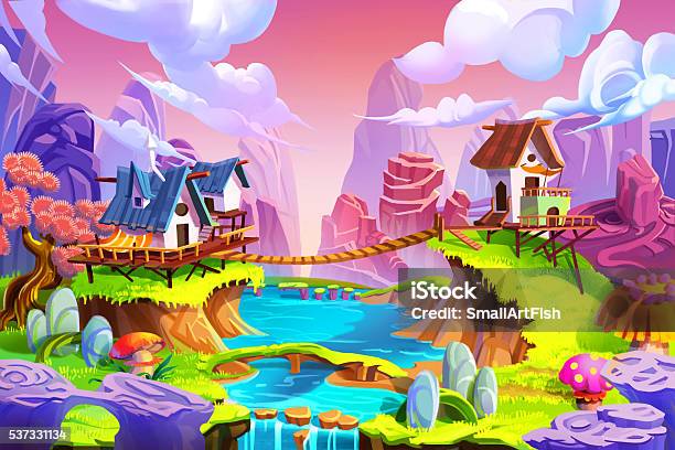 Realistic Fantastic Cartoon Style Artwork Scene Cabin In The Mountain Stock Illustration - Download Image Now