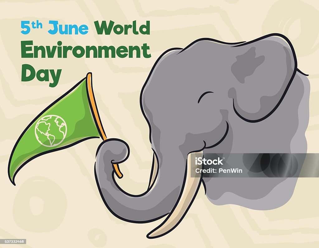 Elephant with Pennant Commemorating World Environment Day in Watercolor Style Cute elephant holding a pennant to commemorate World Environment Day. Africa stock vector