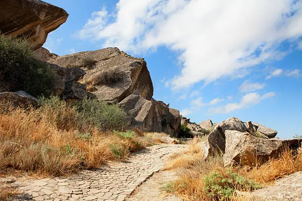 Qobustan national park antient rocks and mountains in Azerbaijan near Baku