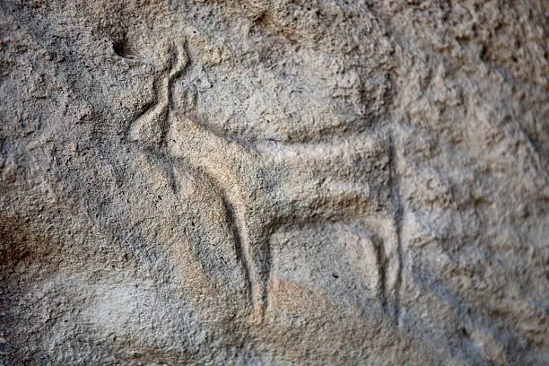 Prehistorical petroglyphs in Qobustan, Azerbaijan. Qobustan petroglyphs are listed by UNESCO as World Heritage.