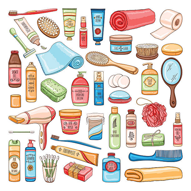 ilustraciones, imágenes clip art, dibujos animados e iconos de stock de equipos de higiene conjunto de baño y cosméticos y herramientas - hair care hairbrush hair dryer human hair