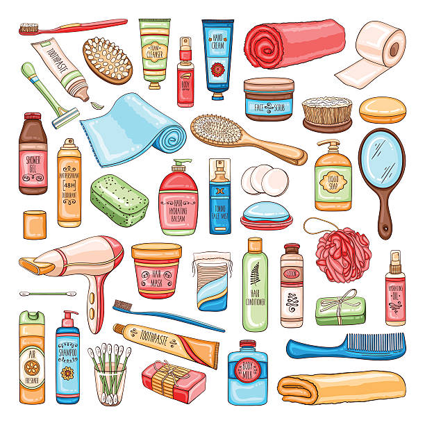 ilustrações de stock, clip art, desenhos animados e ícones de conjunto de equipamentos de casa de banho de higiene, cosméticos e ferramentas - hair care hairbrush hair dryer human hair