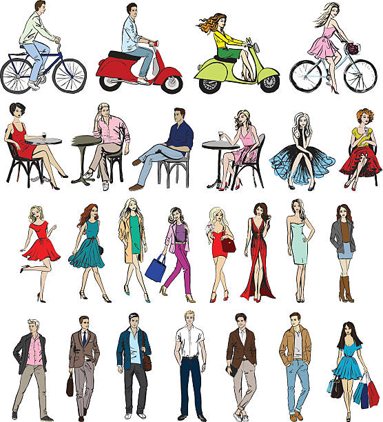 hand-drawn different people Collection of hand-drawn different people. Sketch of characters mens and womens fashion stock illustrations