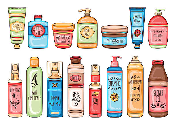 ilustraciones, imágenes clip art, dibujos animados e iconos de stock de higiene conjunto de baño y cosméticos frascos de herramientas - deodorant women hygiene body care