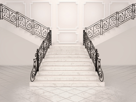 3d illustration of White marble staircase with wrought iron banister leading up