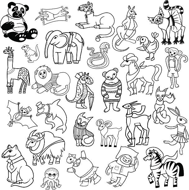 kreskówka zwierząt duży zestaw bazgroły - animal doodle bear kangaroo stock illustrations