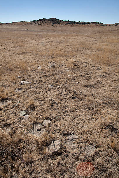 Rocks that once held down the edges of a Native American tipi remain in a circle, sunken into the soil with time where they were left on the prairie. The tipi ring sits among many more rings that remain on the hilly plains of Pawnee National Grasslands in northern Colorado.