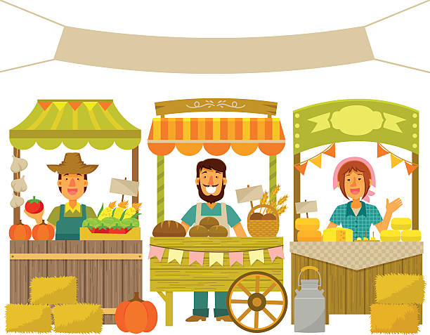 farmers market farmers selling their products on wooden stalls bread clipart stock illustrations