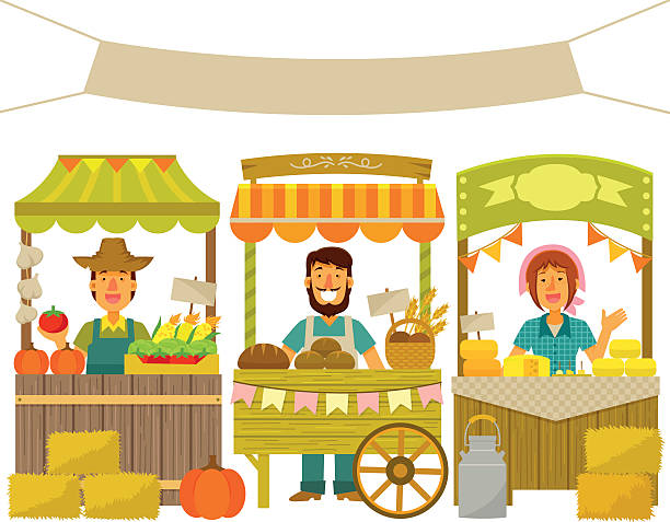 farmers market farmers selling their products on wooden stalls vegetable stand stock illustrations