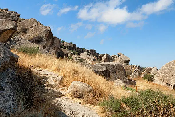 Qobustan national park antient rocks and mountains in Azerbaijan near Baku