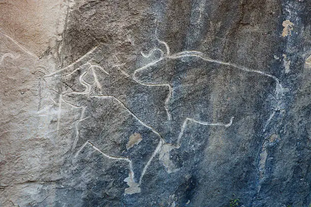Prehistorical petroglyphs in Qobustan, Azerbaijan. Qobustan petroglyphs are listed by UNESCO as World Heritage.