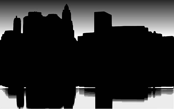 illustrazioni stock, clip art, cartoni animati e icone di tendenza di lower manhattan sagoma su sfondo bianco - new york city skyline silhouette manhattan