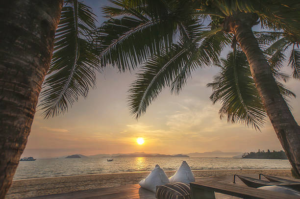 istock Sunrise with cushions and coconut palm trees on beach background 537350102