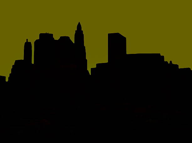 illustrazioni stock, clip art, cartoni animati e icone di tendenza di lower manhattan silhouette su sfondo verde scuro - new york city skyline silhouette manhattan