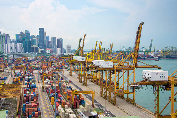 vue aérienne du port de singapour - singapore harbour photos et images de collection