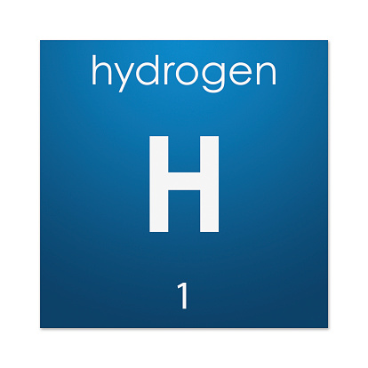 Coloured tile with name, symbol and atomic number - number of protons - of the chemical element Hydrogen.