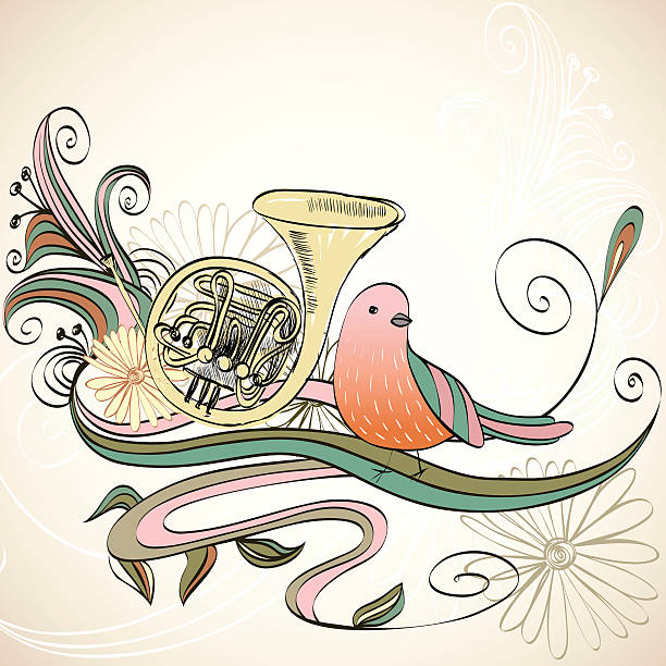 ilustrações, clipart, desenhos animados e ícones de trompa - brass band french horn brass instrument music