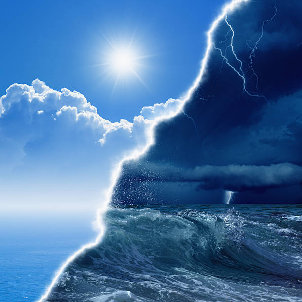 Weather forecast Weather forecast concept background -  opposite weather conditions, bright sun and blue sea; dark stormy sky with lightnings and stomy sea metcast stock pictures, royalty-free photos & images