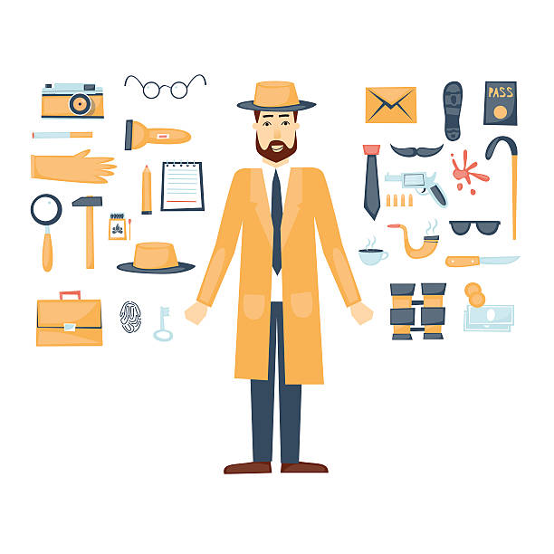 Detective character and icon set elements. Flat design vector. Detective character and icon set elements. Flat design vector. sherlock holmes icon stock illustrations