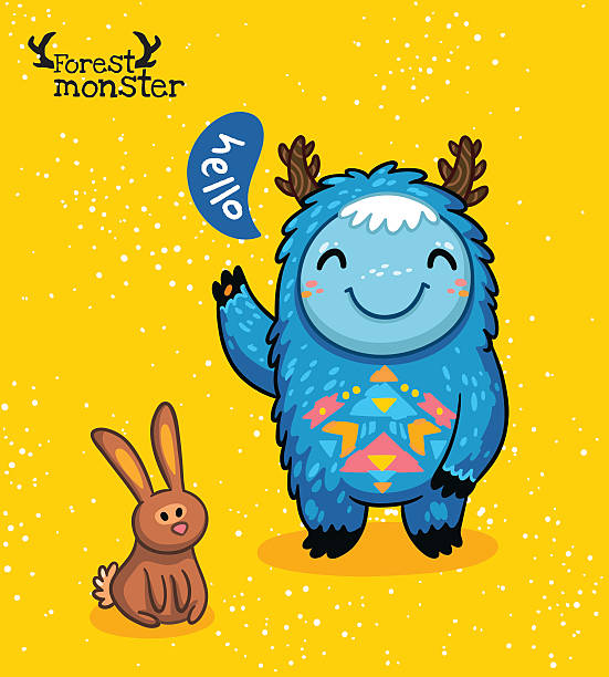 Lustiger blaue monster mit Hase auf gelbem Hintergrund. Vektor-illustration – Vektorgrafik