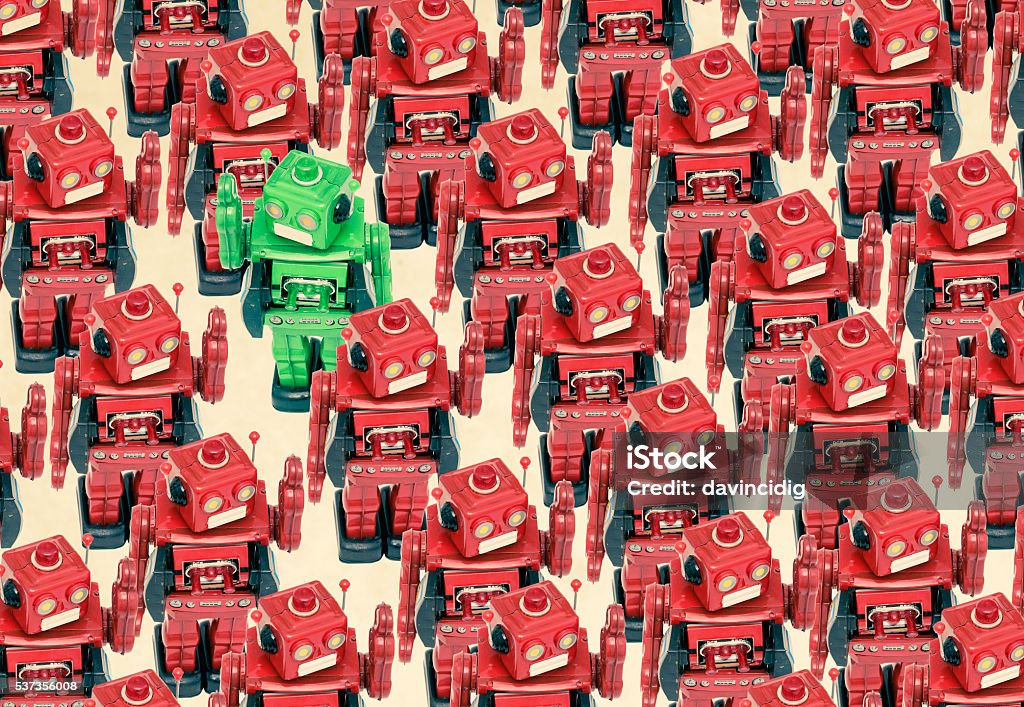 robots large team of Robots Standing Out From The Crowd Stock Photo