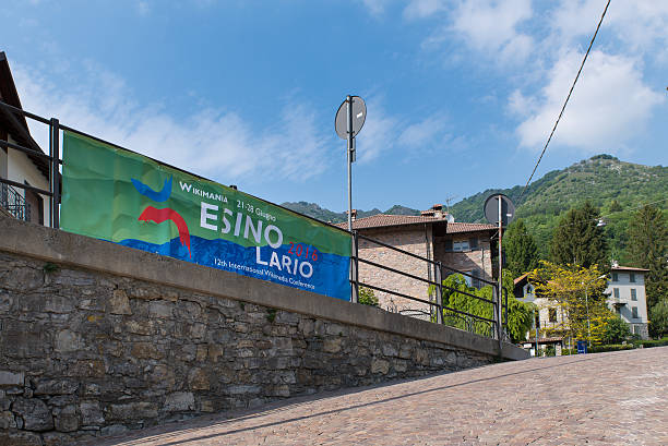 Esino Lario (913 m), Italy Esino Lario, province of Lecco, Italy - May 27, 2016: banner that advertises the 12th international Wikimedia conference between 21 to 28 June 2016. The photo was taken near the town hall of Esino Lario. Esino Lario is a small mountain village above Lake Como in Italy wikipedia stock pictures, royalty-free photos & images