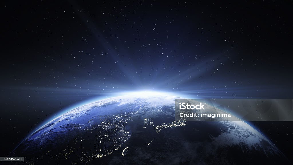 Earth View From Space to Japan And China Earth viewing from space to the Japan and China at night. Globe - Navigational Equipment Stock Photo