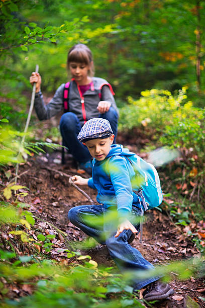 istock Kids with backpacks hiking in forest 537358736