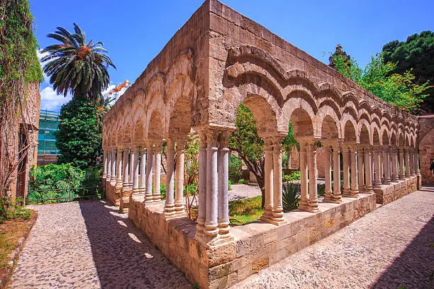 Lovely View on the old cloister of saint john in Palermo, Sicily, Italy on a warm spring morning