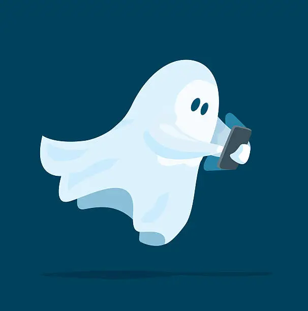 Vector illustration of Cute ghost using a smart phone device