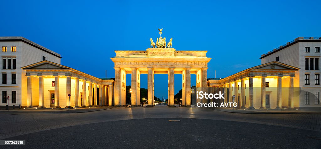 Brandenburg Gate at Night, Panorama, Berlin, Germany Architecture Stock Photo