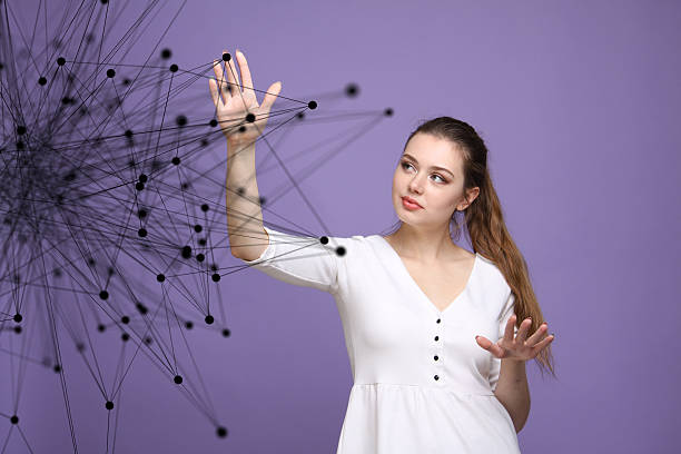 istock Worldwide network or wireless internet connection futuristic concept. Woman working 537363324