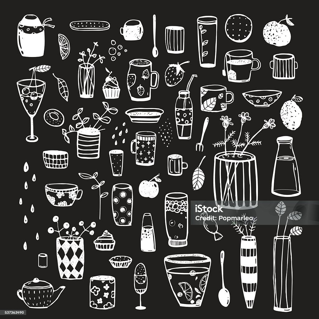 Dishware Doodles White on Black Sketchy Graphic Collection for Design Crockery and dishware big set of items for designer. Vector cartoon isolated objects. Art stock vector