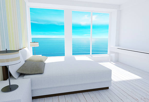 istock White modern loft bedroom interior with sea view 537364176