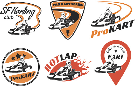 Set of kart racing emblems, logo and icons.Vector illustration with karting elements. Kart racer with helmet.