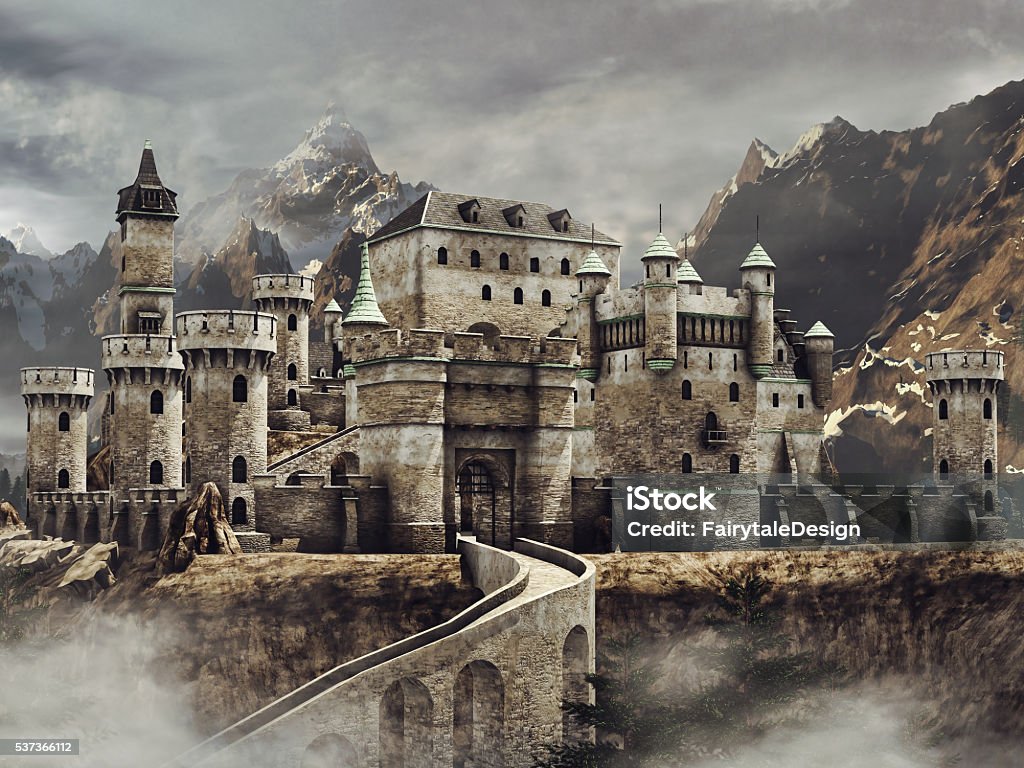 Fantasy castle in the mountains Fantasy stone caste with a bridge in the mountains. 3D render. Castle Stock Photo