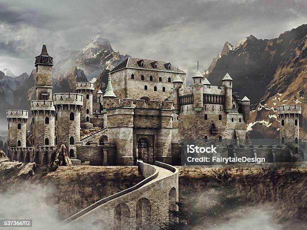 Fantasy Castle In The Mountains Stock Photo - Download Image Now - Castle, Fantasy, Illustration