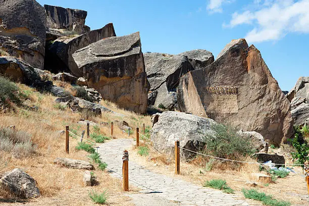 Qobustan national park antient rocks and mountains in Azerbaijan near Baku